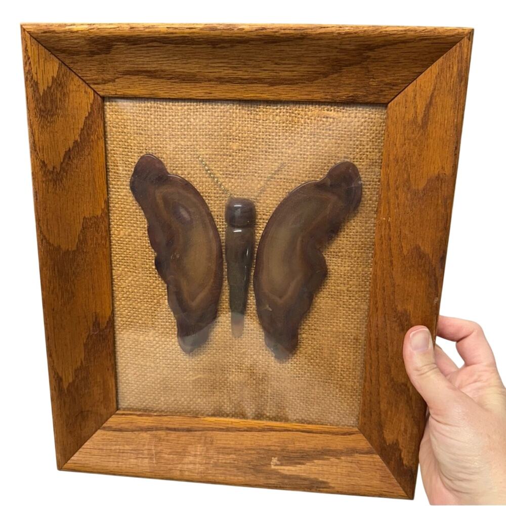 Vintage Handmade Brown Agate Butterfly Art Wood Framed Boho Cottage Core Decor